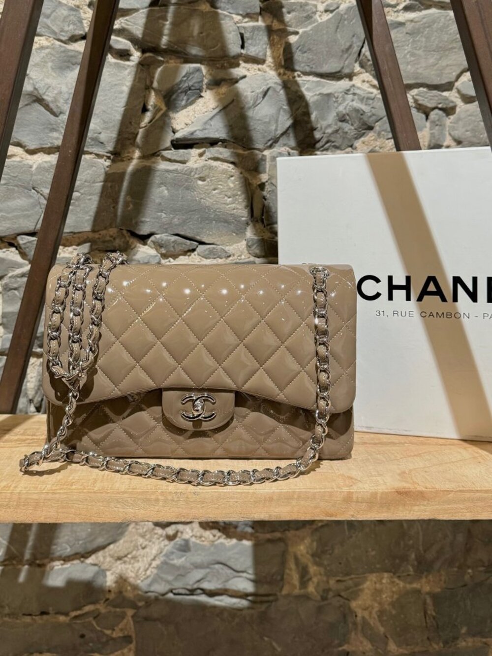 Chanel Jumbo Double Flap Taupe Patent Leather Classic Bag